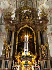 Oppulent Bavarian Baroque and rococo interior style architecture inside Roman Catholic church or...