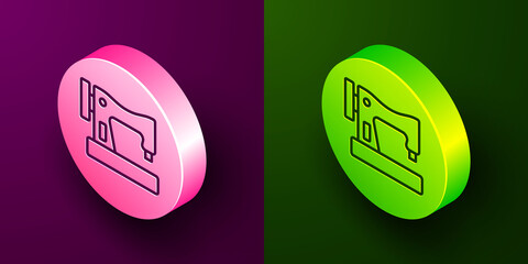 Isometric line Sewing machine icon isolated on purple and green background. Circle button. Vector