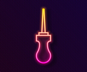 Glowing neon line Awl tool with wooden handle icon isolated on black background. Work equipment tailor industry. Vector