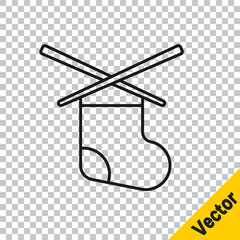 Black line Knitting needles icon isolated on transparent background. Label for hand made, knitting or tailor shop. Vector