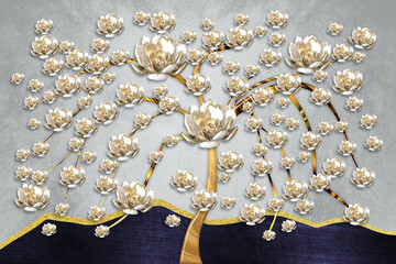 3D tree mural wallpaper with golden flowers, brown stump in gray background .