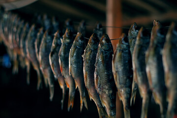delicious dried fish hanging on a rope