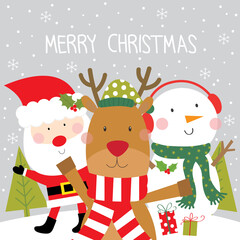 cute christmas greeting card with reindeer, santa claus and snowman design