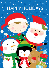 santa claus and friend christmas greeting card on blue background