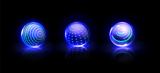 Force shield bubbles, energy glowing blue balls, spheres, defense fields. Science fiction glowing deflector elements, firewall absolute protection isolated on black background, Realistic 3d vector set