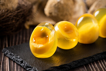 close up of preserved duck eggs