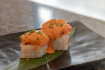 Salmon Sushi with Sauce on Plate