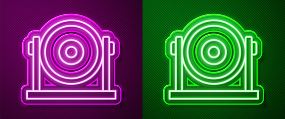 Glowing neon line Gong musical percussion instrument circular metal disc icon isolated on purple and green background. Vector