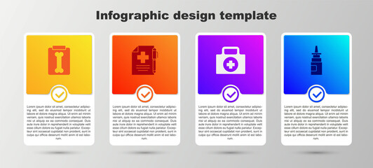 Set X-ray shots, Medical prescription and pen, First aid kit and Bottle nasal spray. Business infographic template. Vector
