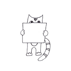 Cat With Board Illustration, copy space, graphic drawing on white background