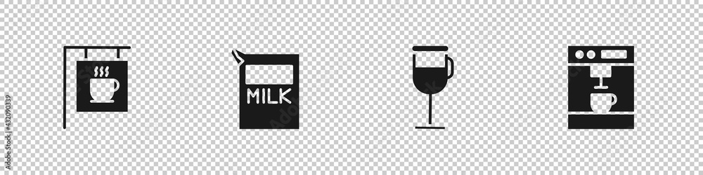 Poster Set Street signboard coffee, Paper package for milk, Irish and Coffee machine icon. Vector