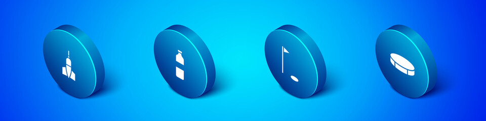 Set Isometric Dart arrow, Golf flag, Hockey puck and Bottle of water icon. Vector