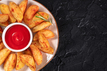 Baked potato wedges close-up, top shot with ketchup and rosemary