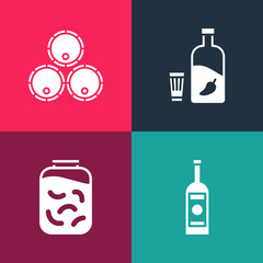Set pop art Glass bottle of vodka, Pickled cucumbers in jar, Vodka with pepper and glass and Wooden barrels icon. Vector
