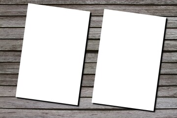 Paper two Mockup blank empty white template sheet A4 in wooden plank background