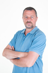 middle aged handsome mature man arms folded crossed on white background
