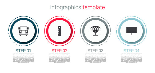Set School Bus, Ruler, Award cup and Computer monitor screen. Business infographic template. Vector
