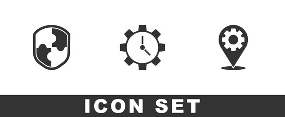 Set Shield, Time Management and Location with gear icon. Vector