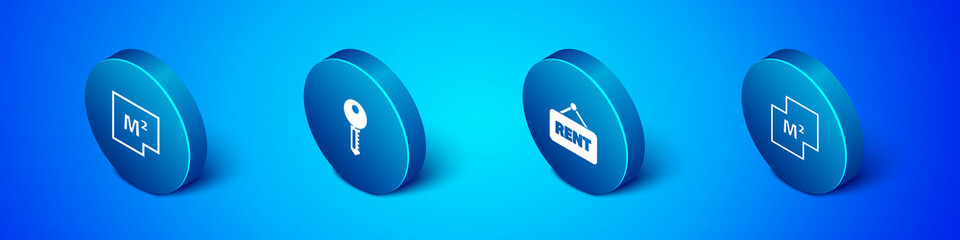 Set Isometric House plan, Hanging sign with Rent, and key icon. Vector