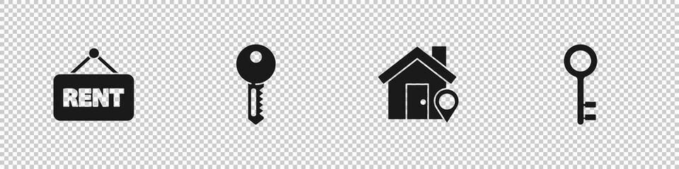 Set Hanging sign with Rent, House key, Location house and icon. Vector