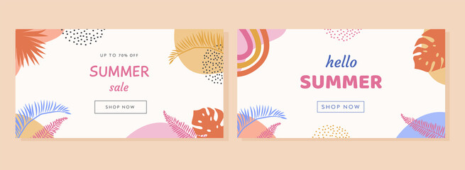 Colorful summer banner set with tropical leaves. Trendy abstract horizontal poster template with palm and geometric elements pattern. Modern summer sale background design, discount voucher, ad. Vector