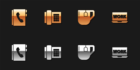 Set Address book, Telephone, Cup of tea with tea bag and Laptop text work icon. Vector