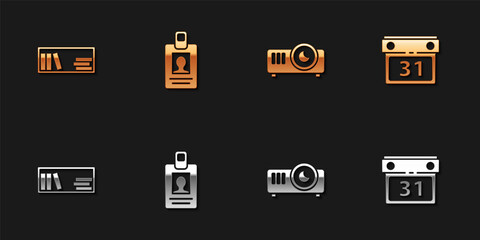 Set Shelf with books, Identification badge, Movie, film, media projector and Calendar icon. Vector