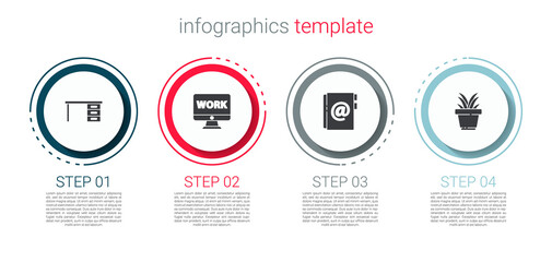 Set Office desk, Monitor with text work, Address book and Plant in pot. Business infographic template. Vector