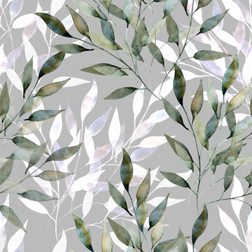 Watercolor branch.Seamless pattern of autumn tree branches.Image on white and colored background © svemar