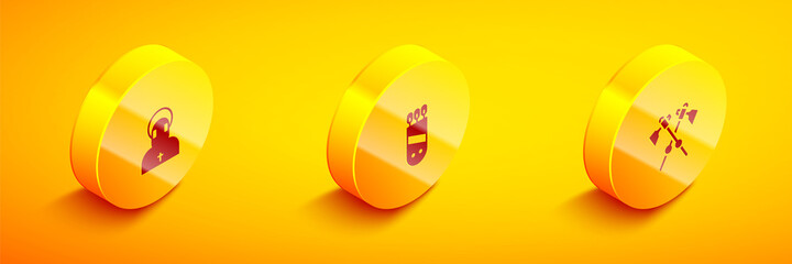 Set Isometric Monk, Quiver with arrows and Crossed medieval axes icon. Vector