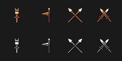 Set Torch flame, Medieval flag, Crossed medieval spears and sword icon. Vector