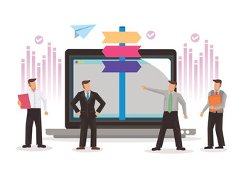 Businessmen with direction sign post from the laptop with different destinations.