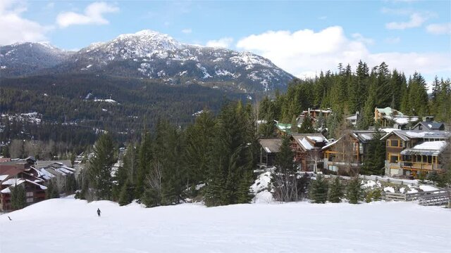 Panoramic View of Chalets and Vacation Homes in a Village at a Famous Ski Resort with Mountains Landscape in Background. Whistler, British Columbia, Canada.