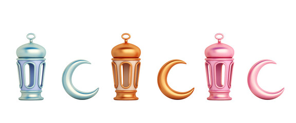 Collection of islamic lantern crescent isolated on white background cartoon style, ramadan kareem, mawlid, iftar, isra miraj, eid al fitr adha, muharram decoration, 3D rendering illustration. © sofirinaja