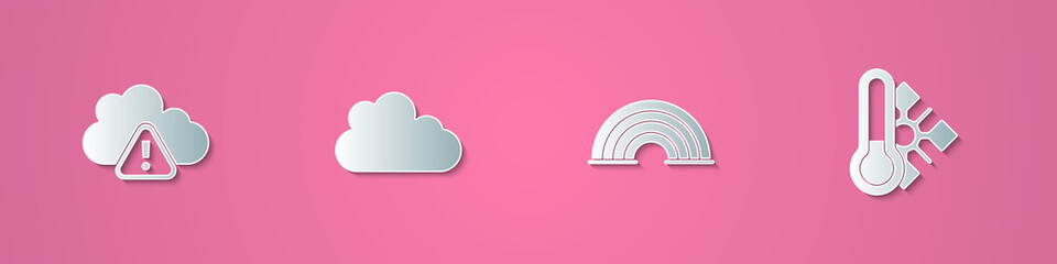 Set paper cut Storm warning, Cloud, Rainbow and Meteorology thermometer icon. Paper art style. Vector