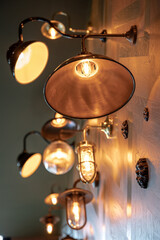 detail shot of different retro lamps on wall