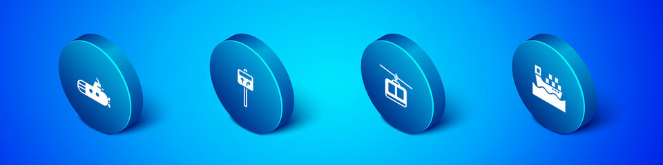Set Isometric Submarine, Cable car, Cargo ship with boxes and Road traffic signpost icon. Vector