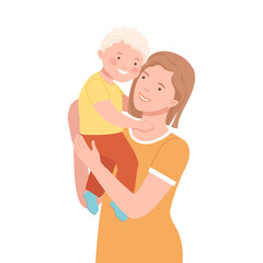 Young Mother Holding Her Son with Arms Embracing Him Vector Illustration