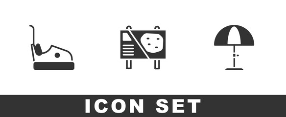 Set Bumper car, Amusement park billboard and Sun protective umbrella icon. Vector