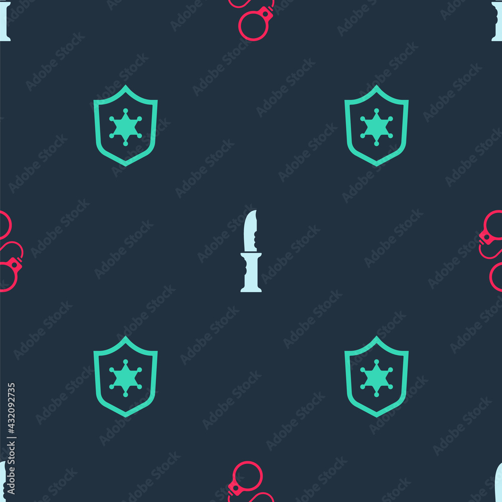 Wall mural Set Handcuffs, Military knife and Police badge on seamless pattern. Vector