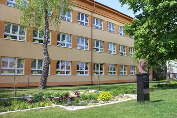 School building with Jozef Bednarik memorial in Zelenec, west Slovakia
