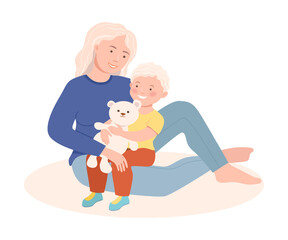 Young Mother Embracing Her Little Son Holding Teddy Bear Vector Illustration