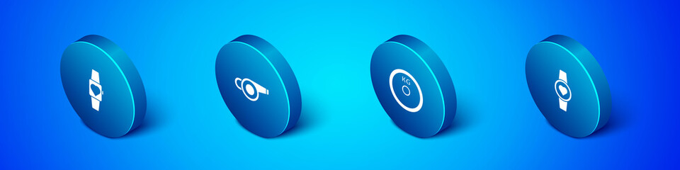 Set Isometric Smartwatch, Weight plate, and Whistle icon. Vector