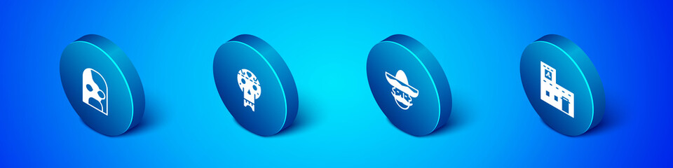 Set Isometric Mexican wrestler, man sombrero, house and skull icon. Vector