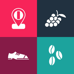 Set pop art Coffee beans, Men shoes, Grape fruit and Location flag Italy icon. Vector