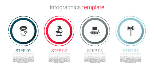 Set Greek helmet, Ancient bust sculpture, trireme and Medieval axe. Business infographic template. Vector