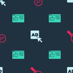 Set Magnifying glass and analysis, Advertising and Browser window on seamless pattern. Vector