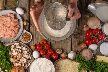 Chef Prepares Dough Dish Top View Background Ingredients Cooking Recipes