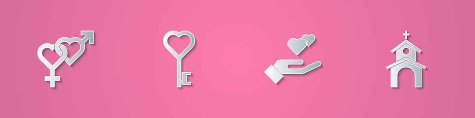 Set paper cut Gender, Key in heart shape, Heart hand and Church building icon. Paper art style. Vector