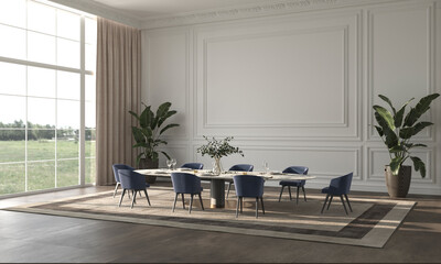 Luxury bright dining room with sun light and nature view background. Large windows, classic panels wall mock up, table with service and plants. Elegant 3d render illustration beige interior design.